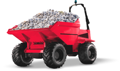 Red truck with stones in